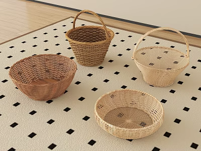 Woven Rattan Storage Baskets in Four Styles on Black White Checkered Rug 3d model