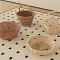 Woven Rattan Storage Baskets in Four Styles on Black White Checkered Rug