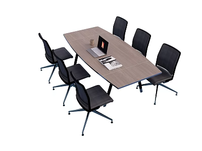Wooden Conference Table With Six Black Office Chairs Laptop Cup And Documents 3d model