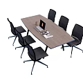 Wooden Conference Table With Six Black Office Chairs Laptop Cup And Documents
