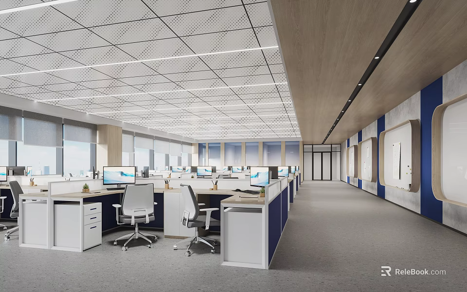 Modern Public Office Space With Open Layout Desks Computers Office Chairs And Large Windows 3d model