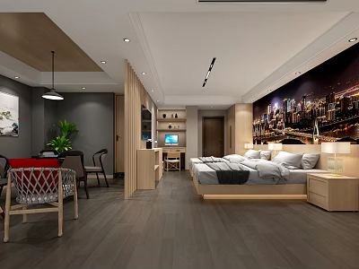 Modern Hotel Room With Comfortable Bed Sofa Wooden Table Green Plant And City Night Mural 3d model
