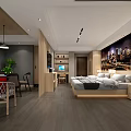 Modern Hotel Room With Comfortable Bed Sofa Wooden Table Green Plant And City Night Mural