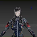 Woman With Long Black Hair In Fitted Futuristic Outfit Against Clouds And Blue Sky