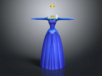 Blue Princess Style Long Sleeve Pleated Gown With Decorative Neckline 3d model
