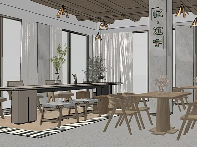 Stylish Boutique Store Interior With Wooden Ceiling Pendant Lights And Long Table 3d model