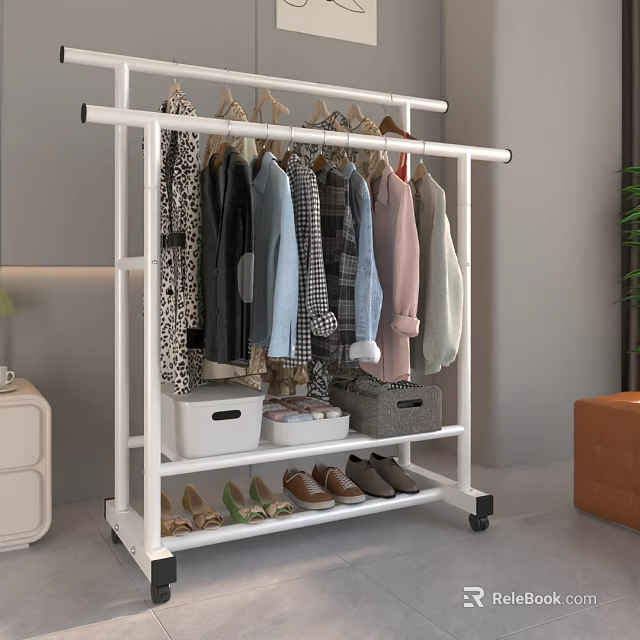Clothing Rack With Hanging Clothes Storage Boxes Shoes And Movable Wheels In Bedroom 3d model 