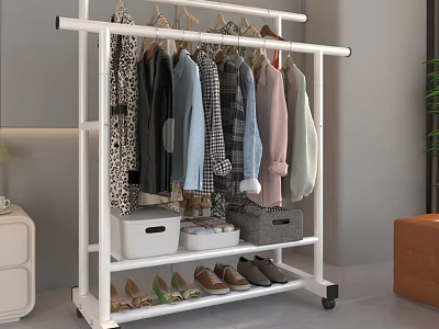 Clothing Rack With Hanging Clothes Storage Boxes Shoes And Movable Wheels In Bedroom 3d model