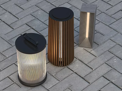 Modern Outdoor Lights With Various Designs And Warm Glow On Brick Pavement 3d model