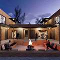 Earthen Courtyard Architecture With Open Space Fire Pit People Sitting And Trees