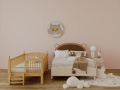 Wooden Frame and Bear Ear Headboard Children's Beds with Pink Wall Cat Art and Plush Toys 3d model