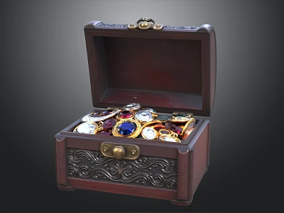 Open Wooden Treasure Chest Filled with Colorful Jewelry and Luxury Watches 3d model