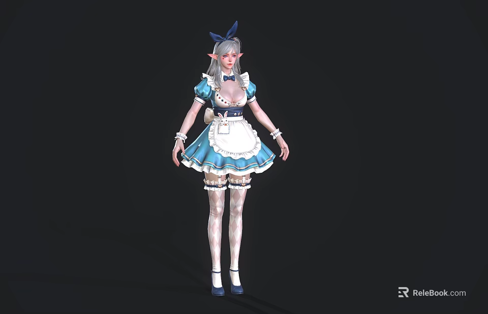 Anime Game Character In Blue And White Maid Outfit With Silver Hair And White Stockings 3d model 