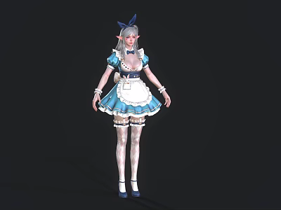 Anime Game Character In Blue And White Maid Outfit With Silver Hair And White Stockings 3d model