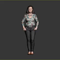 Woman in Floral Blouse Black Pants and Red High Heels Standing Against Gray Background