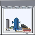 Industrial Equipment System With Red Blue Gray Components And Connecting Pipes