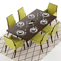 Modern Dining Table Set With Green Chairs Dinnerware Wine Glasses And Decorative Branches 3d model