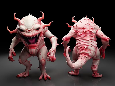 Monster Figure Two Views Red White Skin With Horns Fangs Spiked Back 3d model