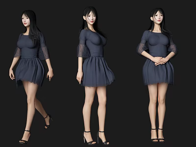 Three Women In Dark Blue Dresses With Lace Sleeves Posing On Black Background 3d model