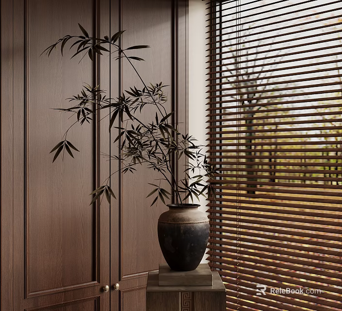 Bamboo Plant In Ceramic Pot Near Wooden Blinds With Brown Walls And Trees Outside 3d model 