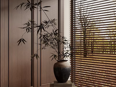 Bamboo Plant In Ceramic Pot Near Wooden Blinds With Brown Walls And Trees Outside 3d model