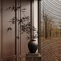 Bamboo Plant In Ceramic Pot Near Wooden Blinds With Brown Walls And Trees Outside