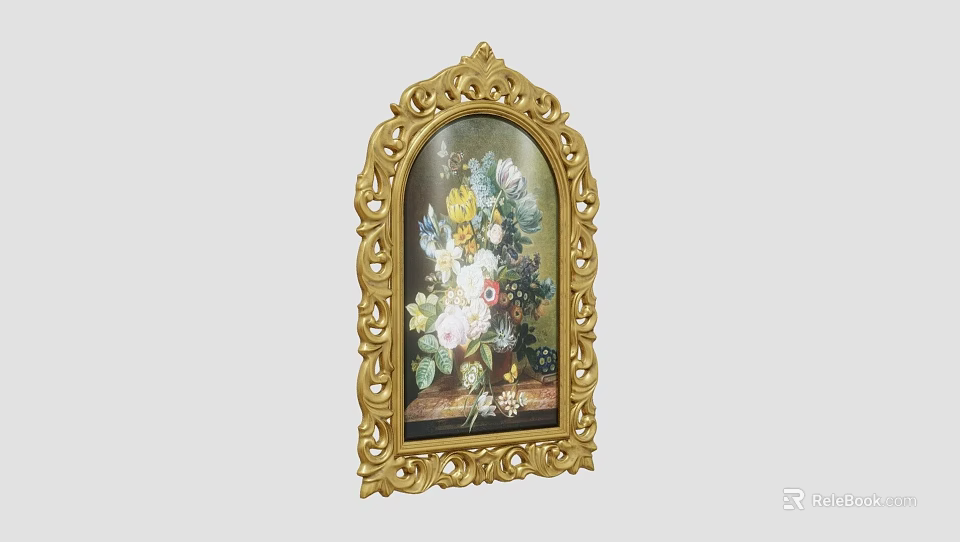 Decorative Ornate Gold Frame with Colorful Floral Still Life Painting Artwork 3d model 