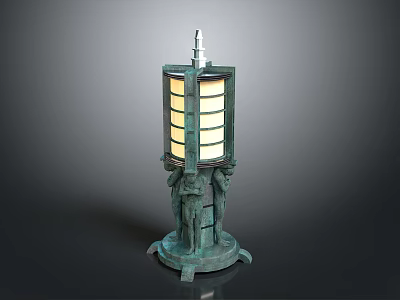 Decorative Bronze Lamp with Glass Panels and Sculpted Human Figures Base in Vintage Classical Design 3d model