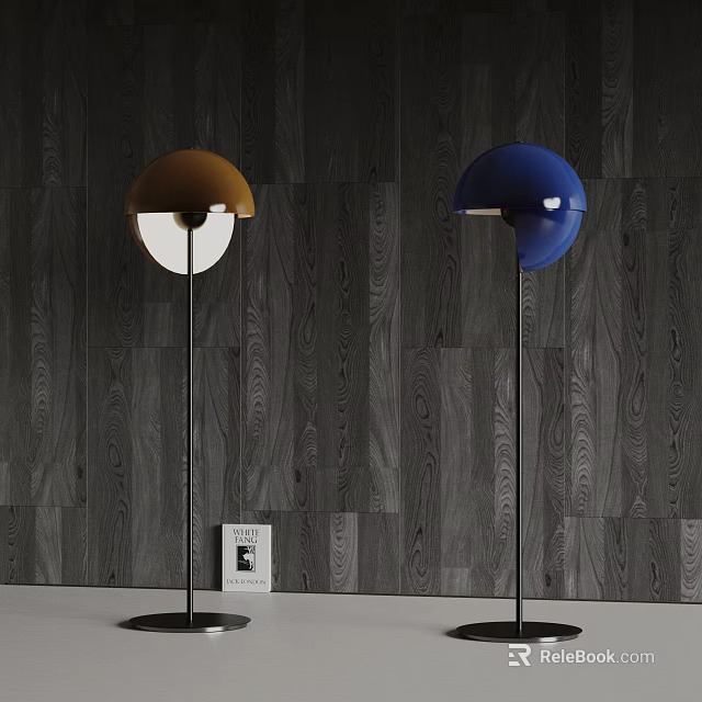 Golden and Blue Spherical Pendant Lights Against Dark Wooden Textured Wall 3d model 