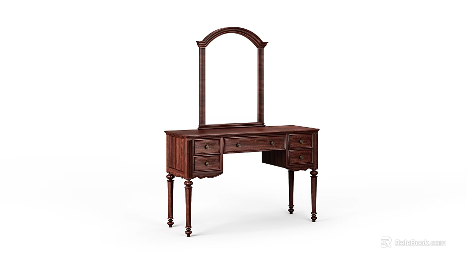 Classic Wooden Vanity Table with Arched Mirror and Storage Drawers for Bedroom Decor 3d model 
