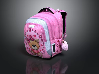 Pink Children's Backpack With Teddy Bear Design Polka Dots Bow And Pom Pom Decoration 3d model
