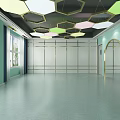Spacious Fitness Studio Interior With Hexagonal Ceiling Orange Walls And Large Windows 3d model