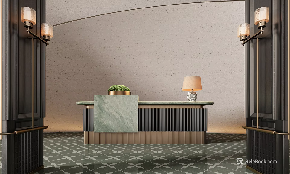 Modern Reception Desk With Marble Countertop Potted Plants Table Lamp Textured Wall And Geometric Floor 3d model 