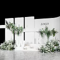 Runway Show Stage With White Structural Backdrop Green Floral Decorations And Steps 3d model