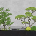 Two Green Leafy Trees With Stones And Small Shrubs On Tiled Ground Against Textured Wall