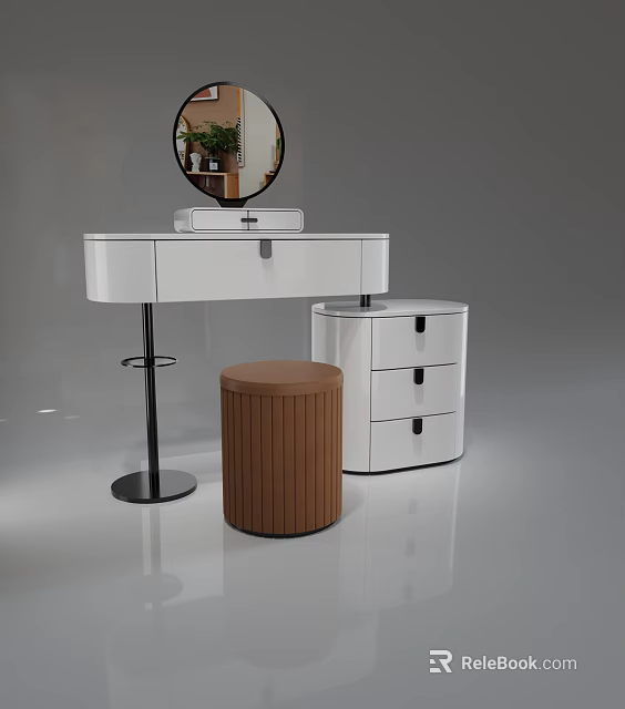Modern White Dressing Table Featuring Round Mirror Brown Stool And Storage Drawers 3d model