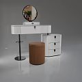 Modern White Dressing Table Featuring Round Mirror Brown Stool And Storage Drawers 3d model
