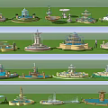 Various Types of Decorative Fountain Models Showcased on Green Lawn Area
