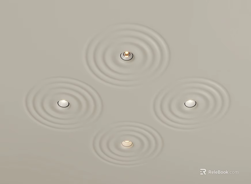 Four Modern Downlights On Gray Ceiling With Ripple Light Patterns Around 3d model