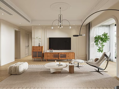 Modern Living And Dining Room Interior With Arched Design Chandelier And Wooden TV Cabinet 3d model