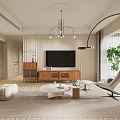 Modern Living And Dining Room Interior With Arched Design Chandelier And Wooden TV Cabinet