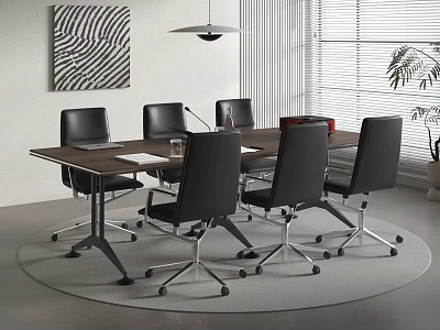 Modern Conference Table With Black Office Chairs Wooden Surface Documents Pendant Light And Potted Plant 3d model