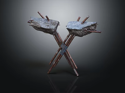Primitive Weapons With Stone Heads And Metal Rods Crossed Design Handcrafted Ancient Battle Tools 3d model