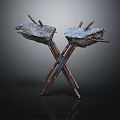 Primitive Weapons With Stone Heads And Metal Rods Crossed Design Handcrafted Ancient Battle Tools