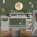 White Home Office Desk With Flexible Shelf Cosmetics Mirror Table Lamp And Flower Vase