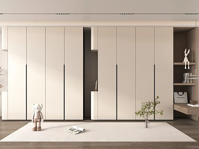 Modern Minimalist Wardrobe Interior With Light Beige Panel Doors Decorative Plants Stuffed Toy And Rug 3d model