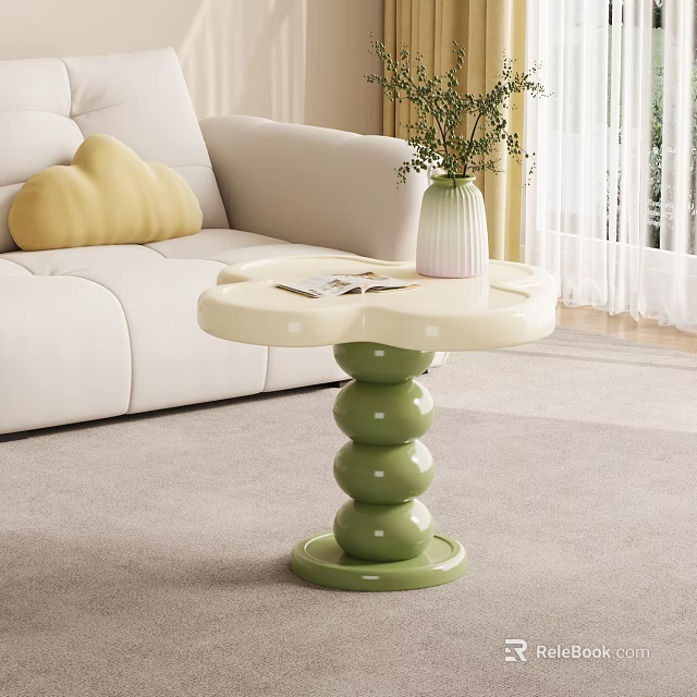 Modern Side Table With White Top Green Stacked Round Base And Vase In Living Room 3d model 