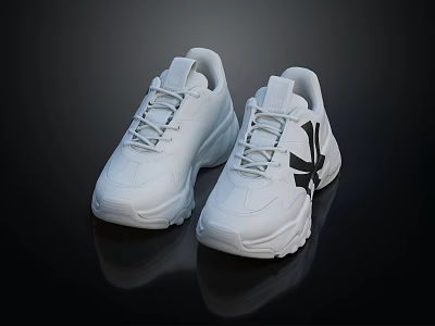 Stylish White Sneakers With Thick Sole And Black Logo Design 3d model