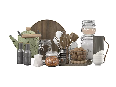 Practical Tableware Set With Wooden Tray Glass Jars Spatulas Eggs And Metal Containers 3d model