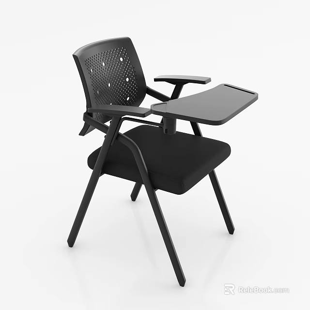 Black Office Chair with Perforated Backrest Armrests and Attachable Tablet Desk Modern Metal Legs Design 3d model 